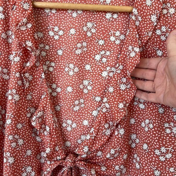 Lulus Top Womens SZ Small Carnation Crush Terracotta Floral Print Ruffle Travel - Picture 8 of 14